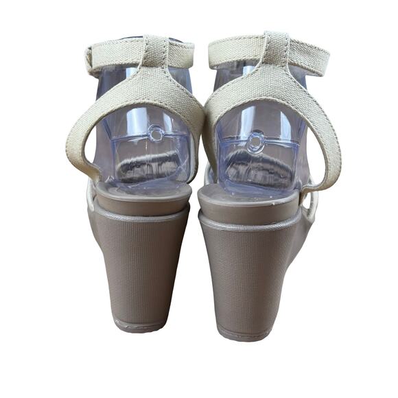 CROCS Wedge Sandal Ankle Strap Criss-Cross Woven Leigh II Oatmeal/Mushroom Tan 9 - Picture 4 of 10